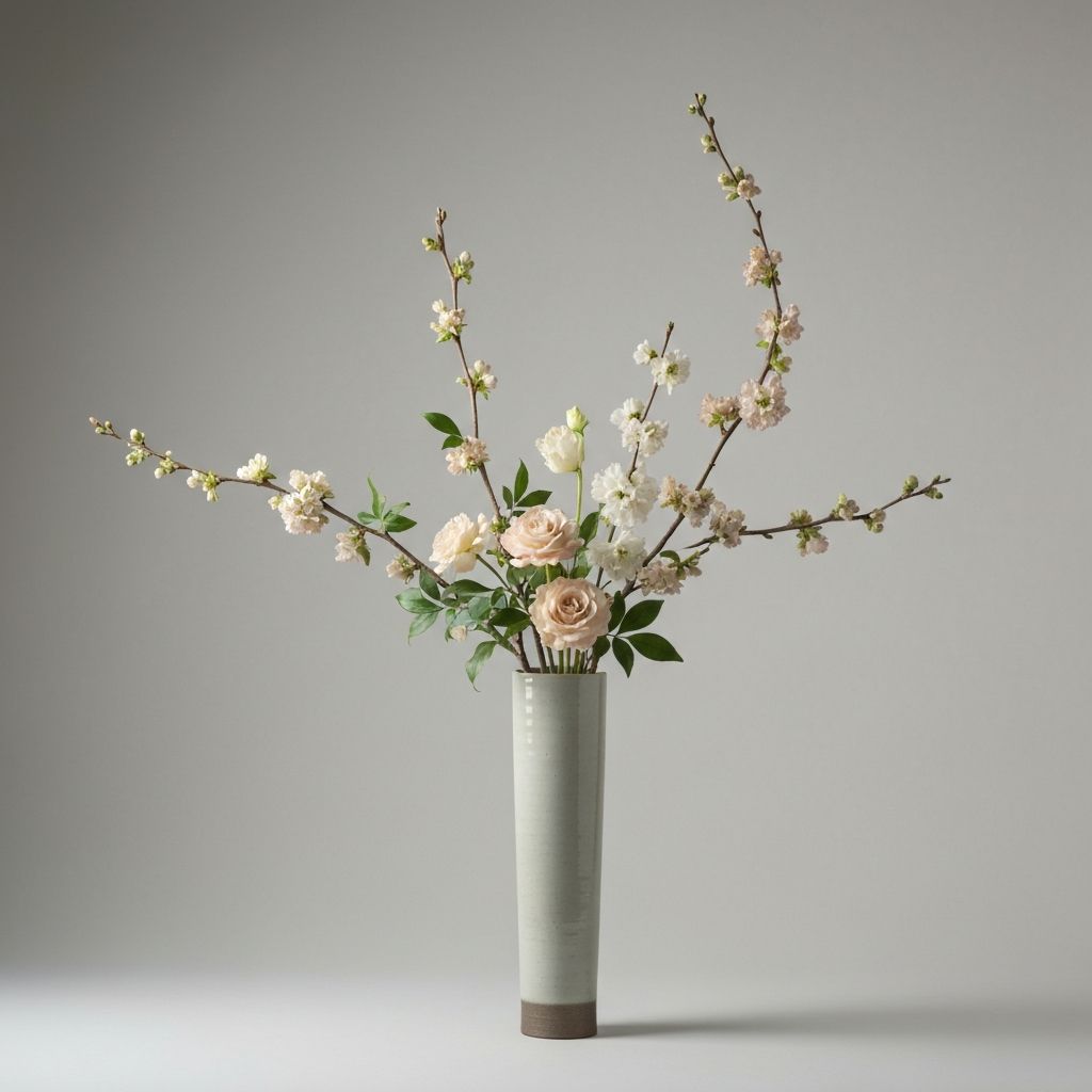 生け花の伝統的な作品 — 季節の花材を使用した作品