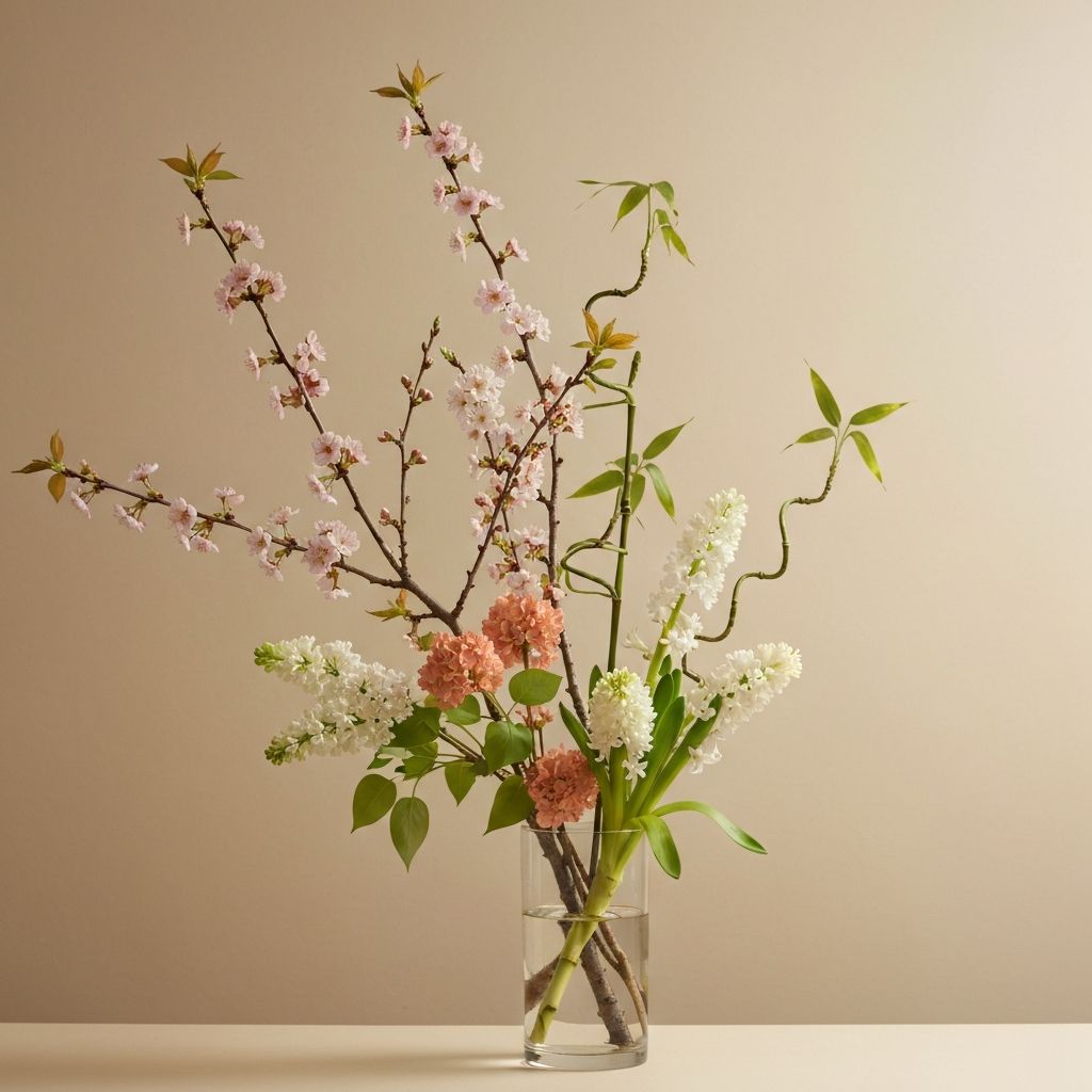 春の生け花 — 桜と竹を使用した季節の作品