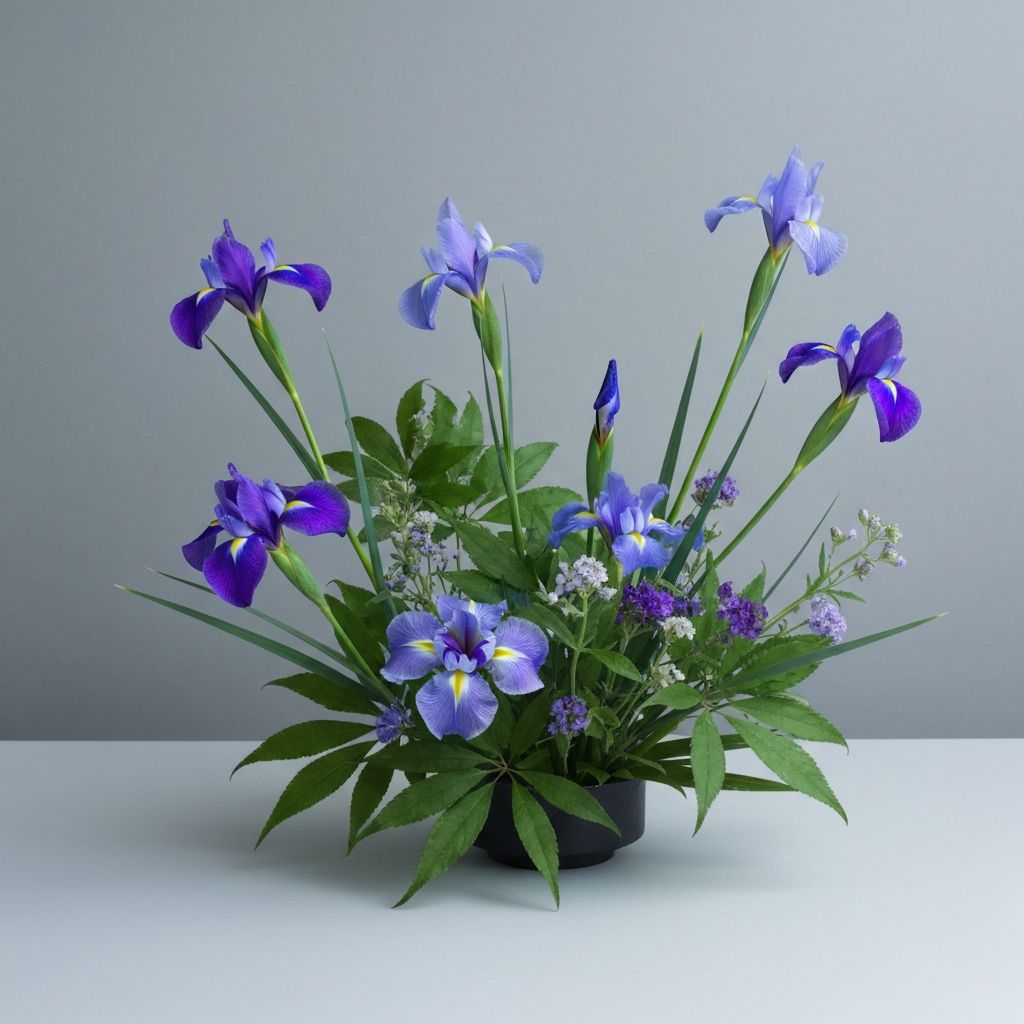 夏の生け花 — 菖蒲と青葉を使用した季節の作品